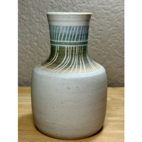 Art Pottery Vase Neutral Abstract Zen Minimalist MCM Blue Green Gold 5.25” - Picture 4 of 10